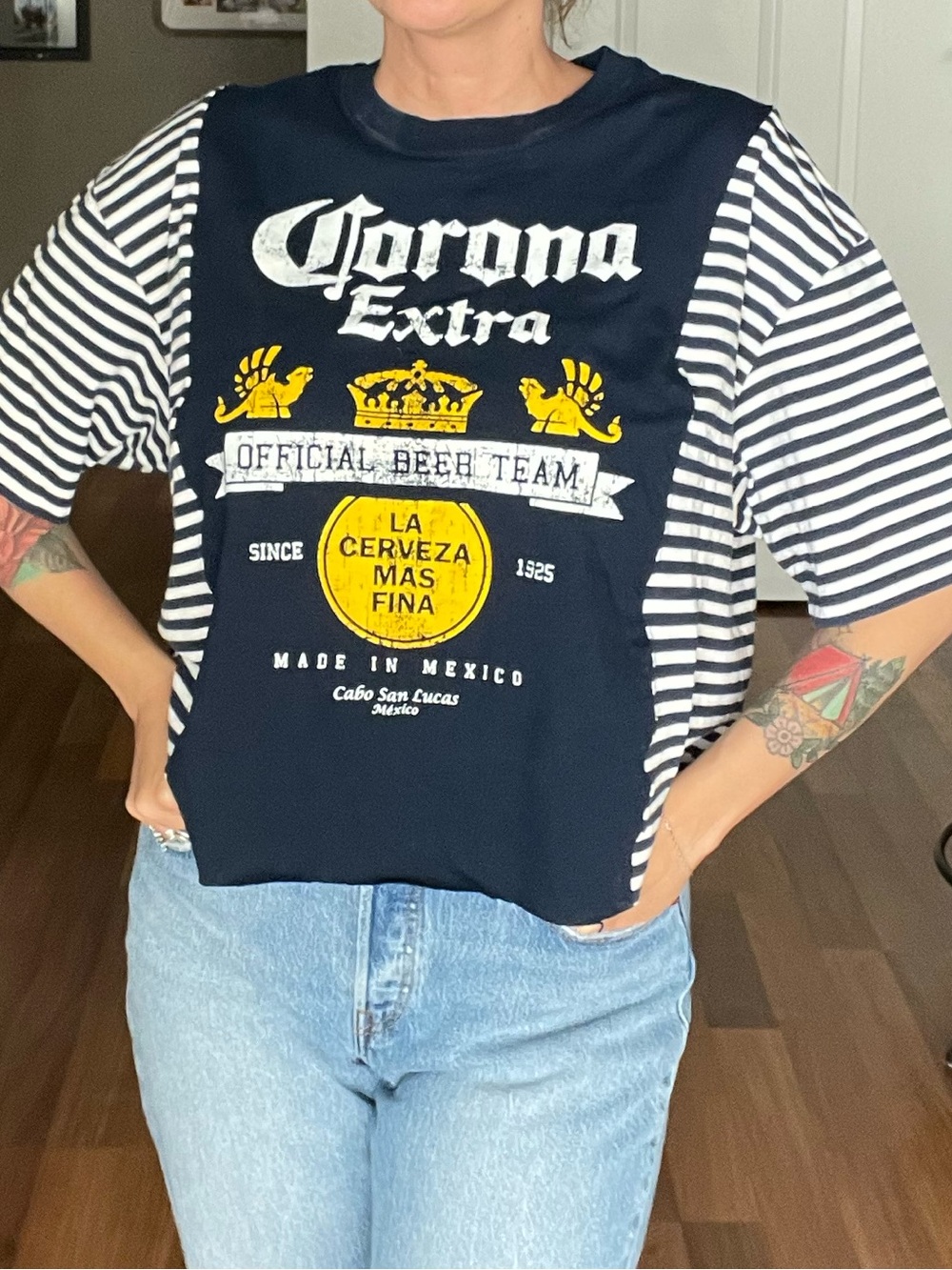 Corona Navy, White & Yellow Graphic Short Sleeve Tee - Women